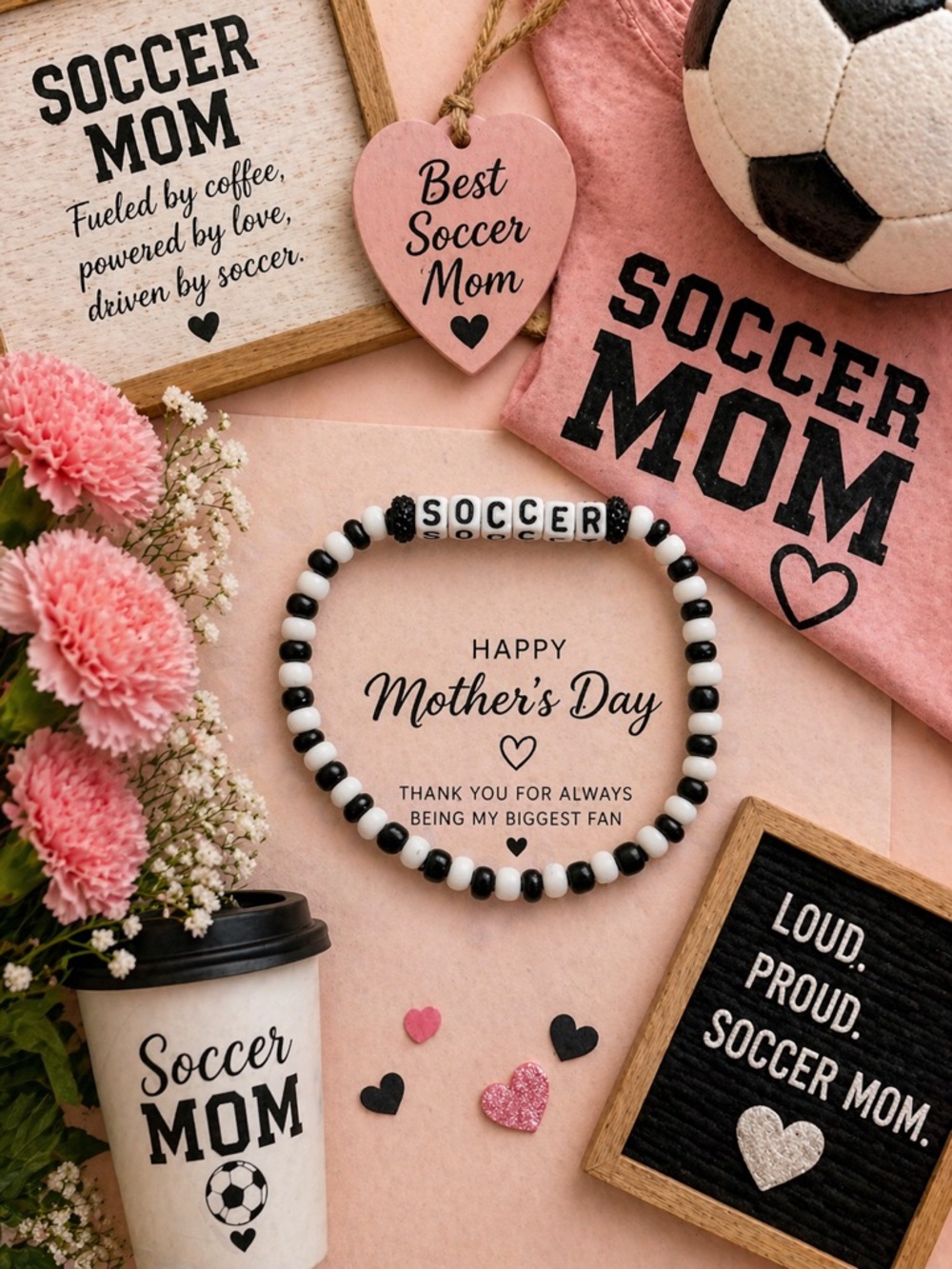 Soccer Mom Stretch Bracelet – 8” Black & White Beaded Mother’s Day Gift - Picture 3 of 3
